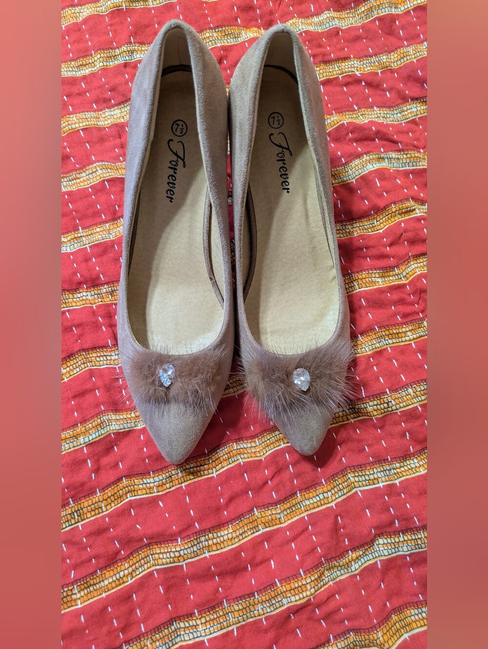 Forever Taupe Pointed Toe Flats with Fur Pom & Jewel